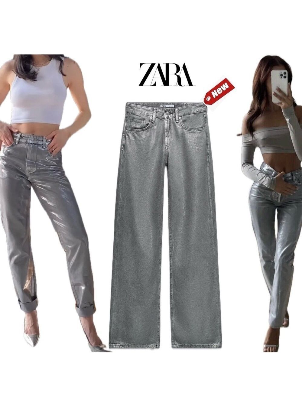 Zara TRF metallic silver liquid foil mid rise wide leg denim jeans Sz 6 NWOT